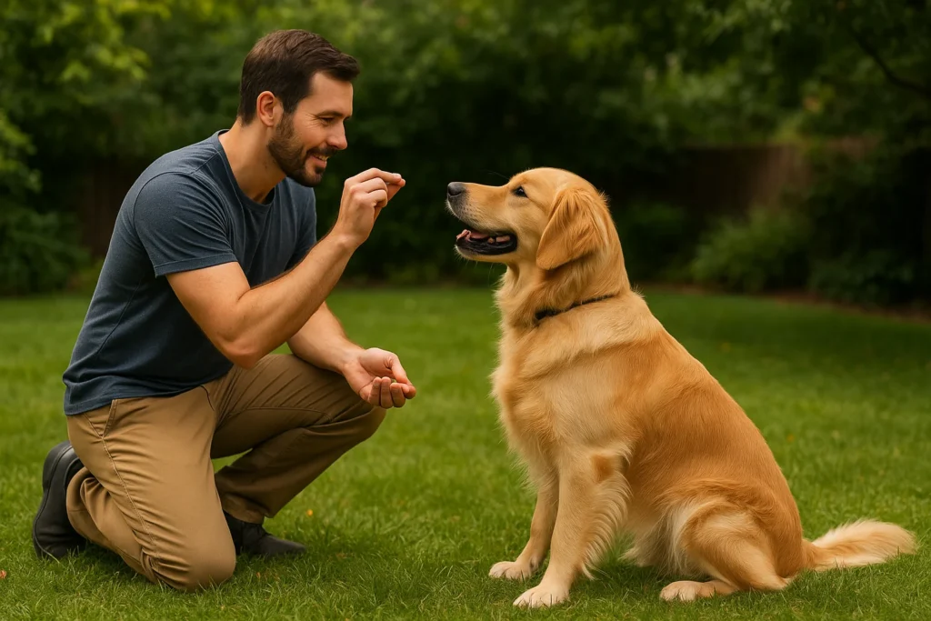 A calm golden retriever sitting beside a smiling male dog trainer holding a treat in a sunny backyard 