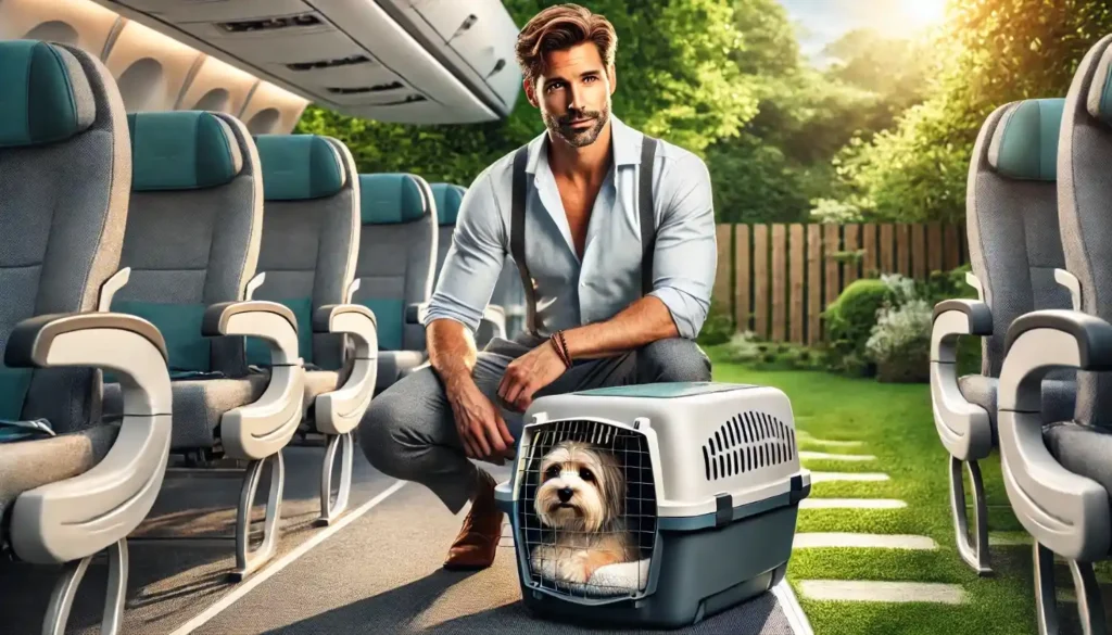 Dog resting under airplane seat during flight – tips for flying with a dog