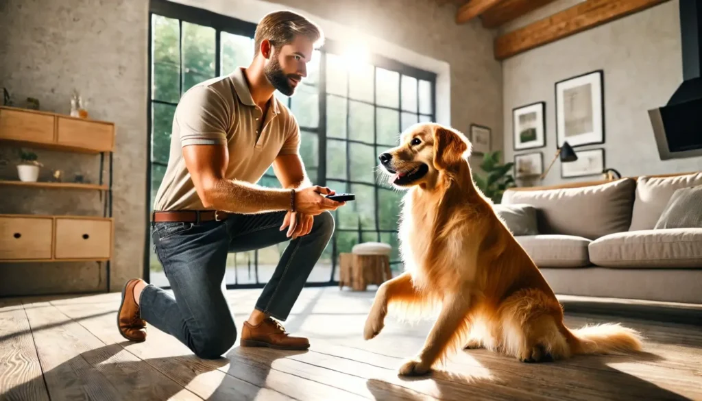 Golden retriever retrieving remote control during service dog task training at home