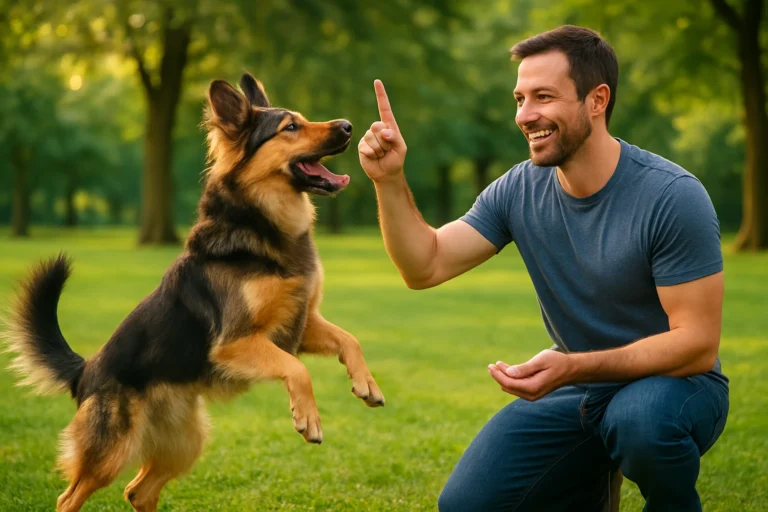 Dog excitedly responding to a command while the trainer smiles proudly in a green park under natural light