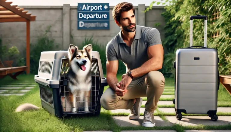 A calm dog sitting in a crate at the airport terminal – tips for flying with a dog
