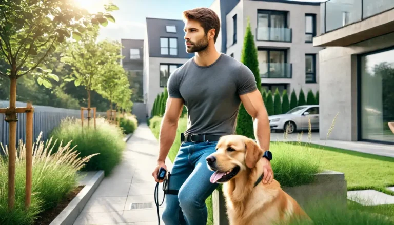 Service dog and handler crossing busy street with trainer guidance