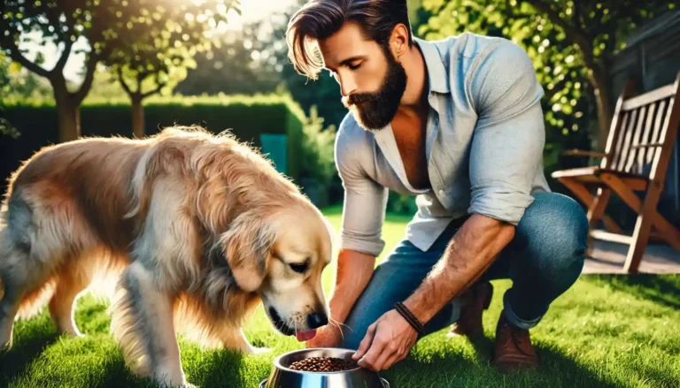 Alt Text: Dog owner pouring Simply Nourish Dog Food into bowl while happy Labrador wags tail in kitchen.